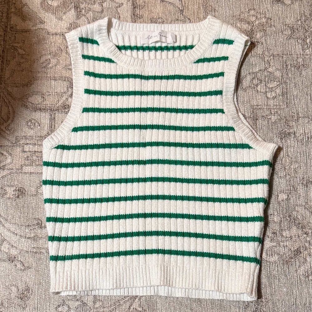 Free People White & Green Striped Rib Knit Crop Tank